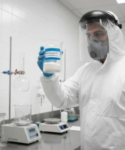 Químico analizando Goma Xantana HV en laboratorio con equipos de seguridad