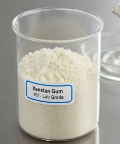 Goma Xantana HV en envase de vidrio mostrando biopolímero en polvo grado perforación