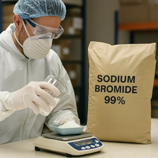 Aplicación del Bromuro de Sodio 99% en procesos industriales y de laboratorio. Leyenda: Aplicaciones del Bromuro de Sodio en industrias química y petrolera.